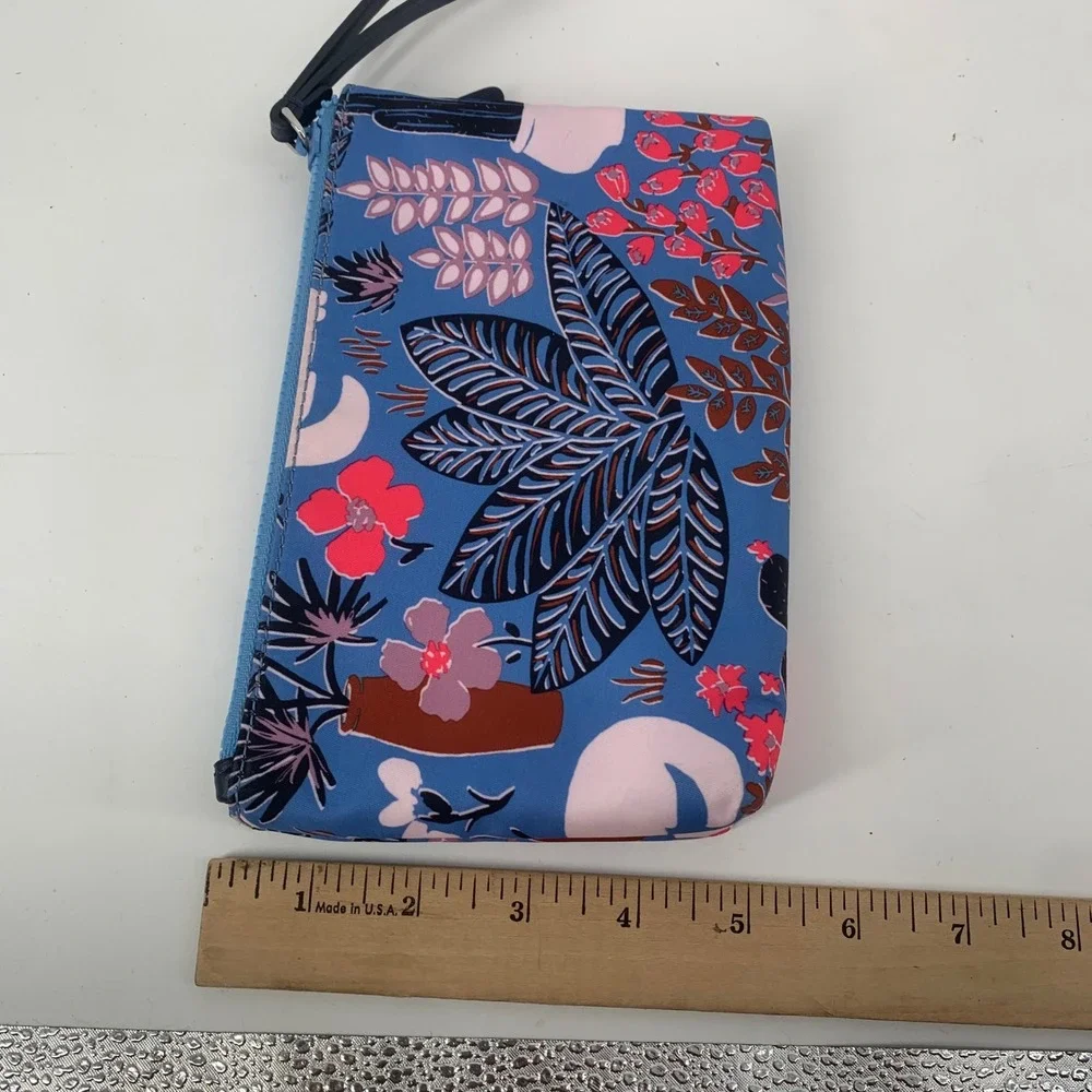 Kate Spade Cat in the Garden Blue Nylon Wristlet Pouch Floral Botanical Pouch